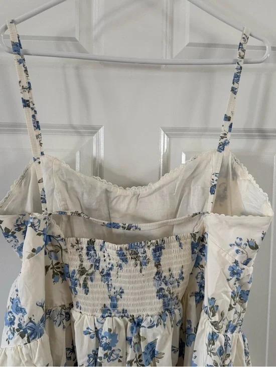 100% Cotton Cream Midi Dress with Blue Floral Print - Picture 4 of 8